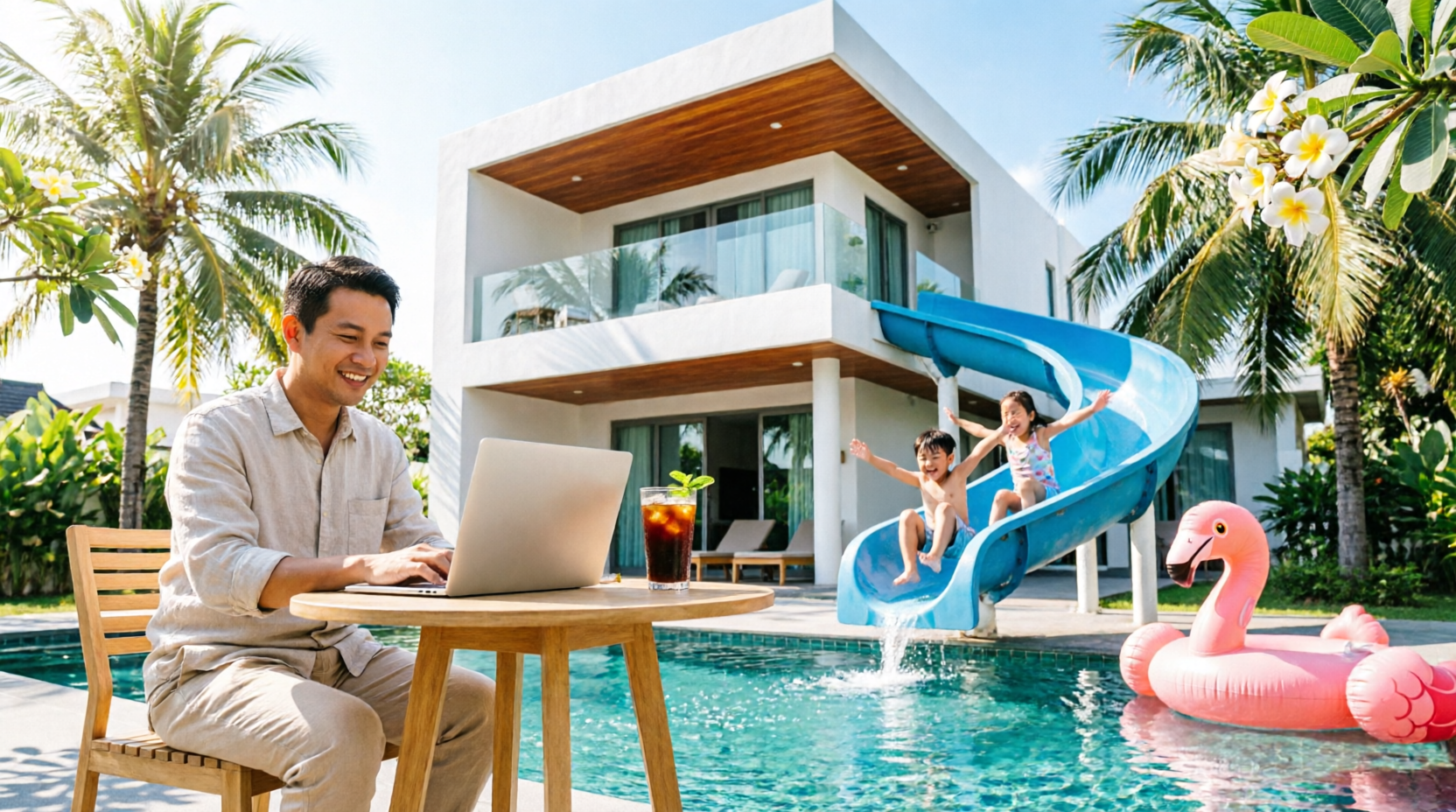 Workation at Massarossa: parent works by the pool while kids play on the water slide